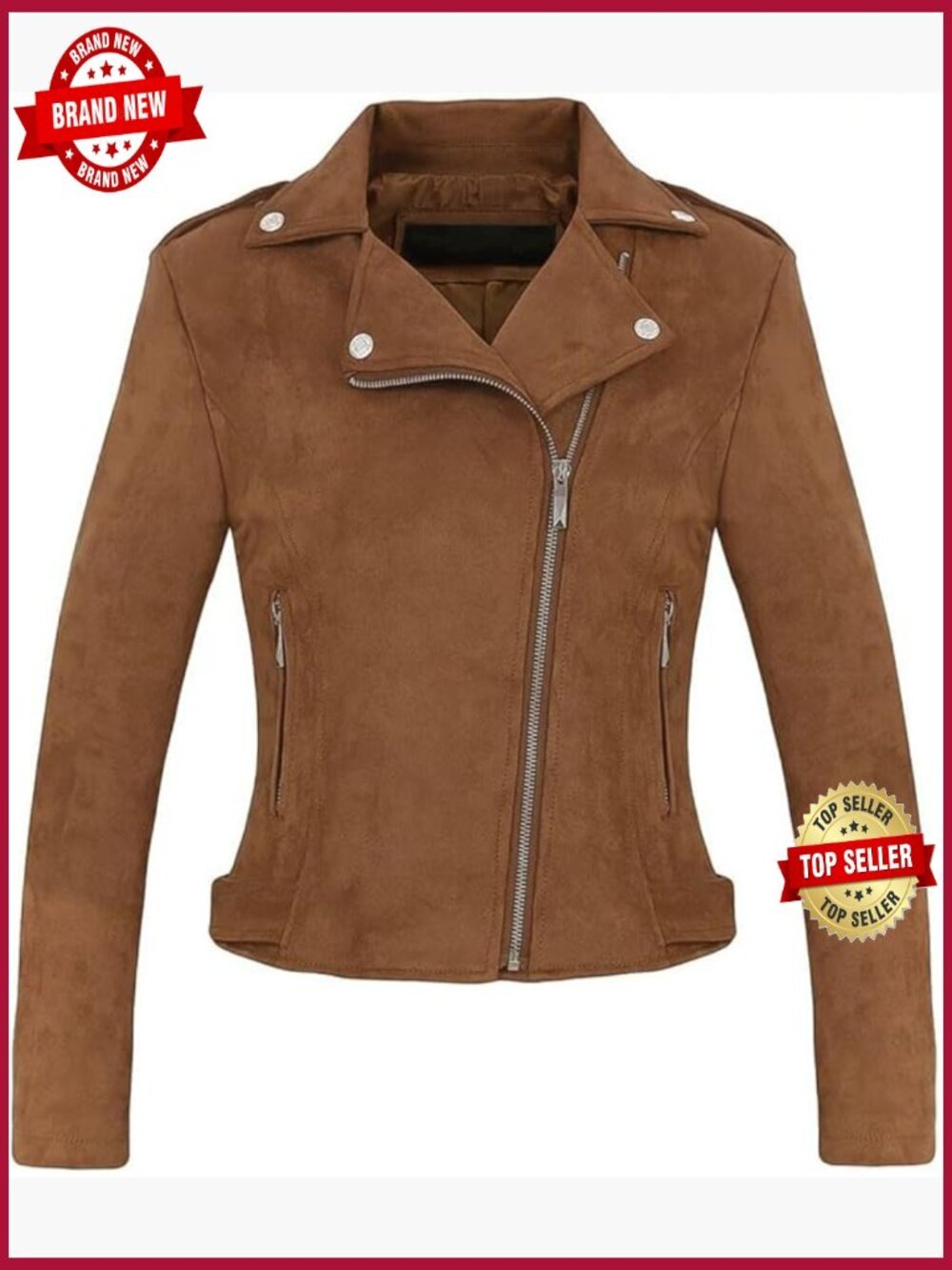 Faux Suede Leather Moto Biker Jacket - Cropped, Zip Front, Notch Collar